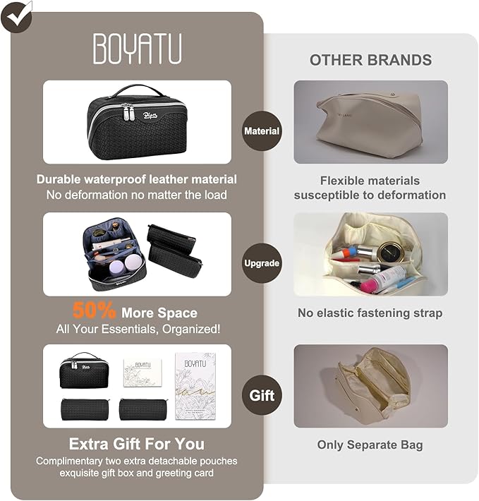 BOYATU Travel Makeup Bags for Women: 3-Set Large Capacity Make up Bags with Compartments - PU Leather Cosmetic Bag for Traveling (L08 Black)