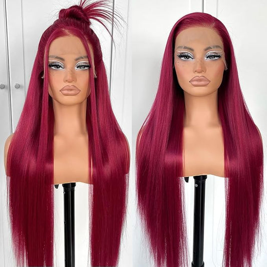 13x6 Red Straight HD Lace Front Wig Pre-Plucked Glueless Long Straight 99j Burgundy Lace Front Wigs Synthetic Red Wear And Go Lace Front Wigs