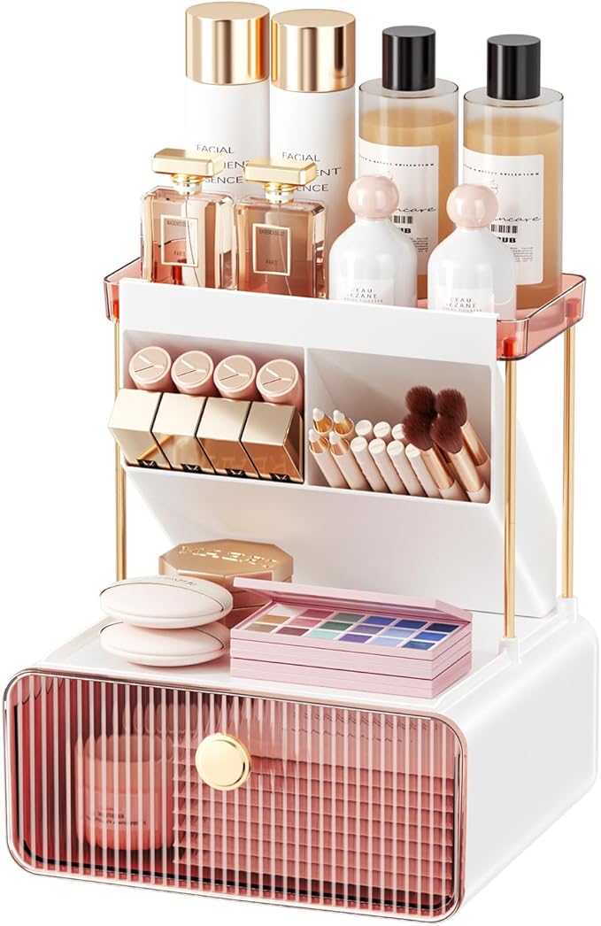 Makeup Organizer with Drawer, Bathroom Organizers and Storage，Makeup Brush Holder,Lipstick and Perfume Organizer,Cosmetic and Vanity Organizer,Desk Organizer