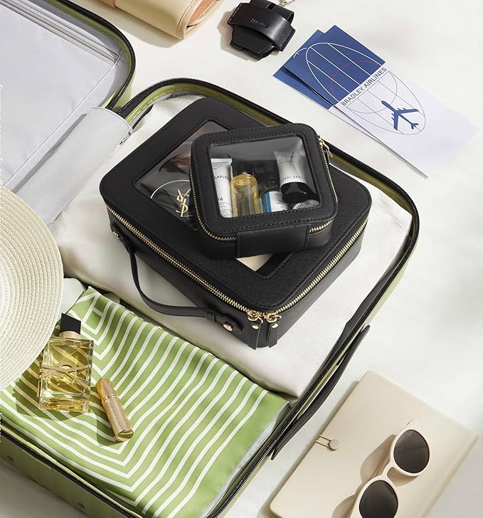 Clear Makeup Bags TSA Approved Toiletry Bag with Handle Large Opening,Clear Toiletry Bags for Carry-on Traveling Travel Car Accessories Essentials Organziation Storage for Women Girls(Black, Large)