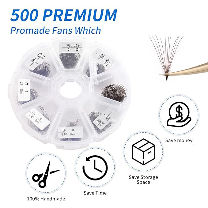 Premade Brown Eyelash Extension 500 Fans Handmade Loose Volume Lashes 10D Pre-made Fans 0.07mm C/D Curl 13-20mm Mixed Volume Eyelash Extensions (500PCS-10D-0.07-D, 13-20mm MIXED)