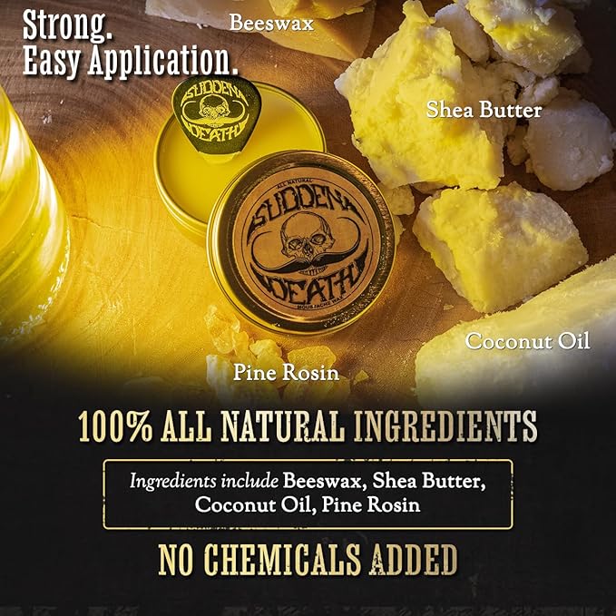 Mustache Wax Strong Hold Grooming For Men | Sudden Death Moustache & Beard Wax 1oz Tin | Perfect For Handlebar Mustaches By Death Grip | No Heat Source Required