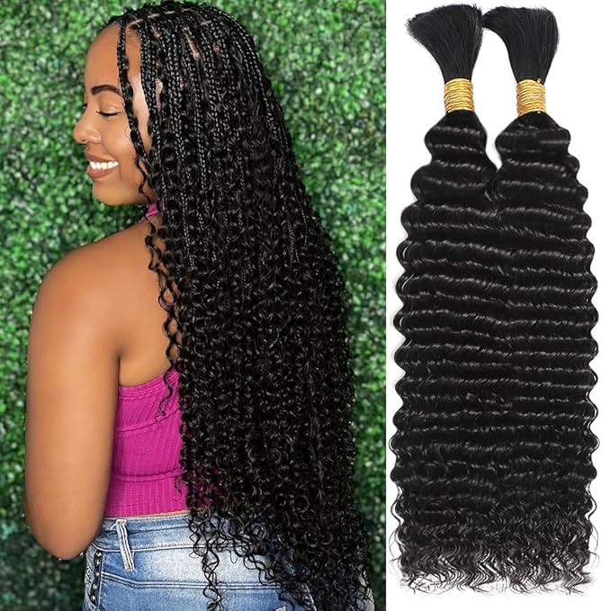 Human Braiding Hair for Boho Braids Deep Water Wave Bulk Human Hair 110g 24 Inch Curly Wave for Boho Braids Extensions No Weft 12A Wet and Wavy 2 Bundles/Pack Natural Color