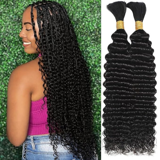 Human Braiding Hair for Boho Braids Deep Water Wave Bulk Human Hair 110g 24 Inch Curly Wave for Boho Braids Extensions No Weft 12A Wet and Wavy 2 Bundles/Pack Natural Color