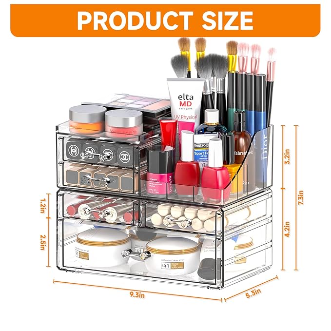Cq acrylic Clear Make up Organizers and Storage for Vanity,2 Pcak Cute Skincare Organizer and Cosmetic Storage Organizer for Jewelry,Lipstick,Beauty,Skin Care Bathroom Counter Organizer With 5 Drawers