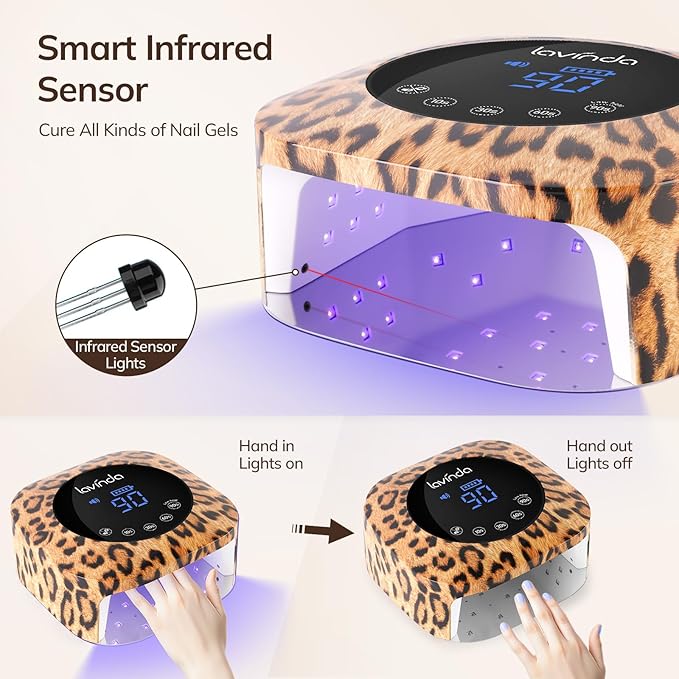 Lavinda LED Nail Lamp UV Light for Gel Nails 54W Cordless Rechargeable Nail UV Lamp Nail Light with 4 Timer, 2X Faster Professional Nail Polish Curing Lamp Nail Dryer for Salon Use-Leopard Print