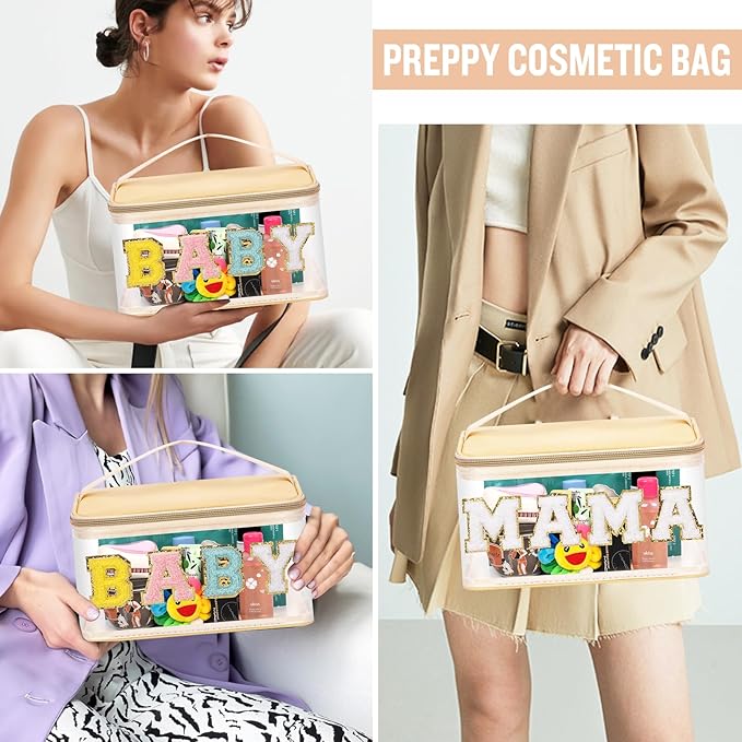 2 Pcs Chenille Letter Clear Makeup Bags Mama Baby Pouch, Preppy Patch Makeup Bag Mama Baby Hospital Duffle Bag Zipper with Handle, Travel Baby Toiletry Bag Nylon Cosmetic Handbag for Women(MAMA+BABY)