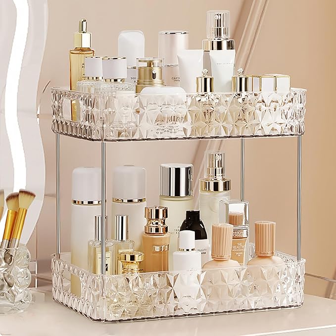 Makeup Organizer for Vanity, High-Capacity Clear Makeup Storage Perfume Organizers,Cosmetic Display Cases,Bathroom Countertop Organizer(Crystal Clear, 2Tier)