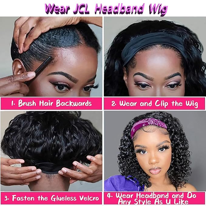 JCL Headband Wig Human Hair Deep Wave Headband Wigs Wig 12 Inch Glueless Wigs Human Hair Natural Color Curly Wigs for Black Women Human Hair None Lace Front Wigs