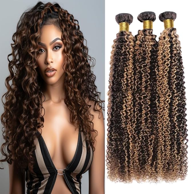 P1B30 Curly Hair Bundles Ombre Highlight Light Brown Curly Weave Bundles Black Mixed With Brown two tone Brazilian Human Hair Extensions Wet and Wavy for Black Women 10 12 14 Inch