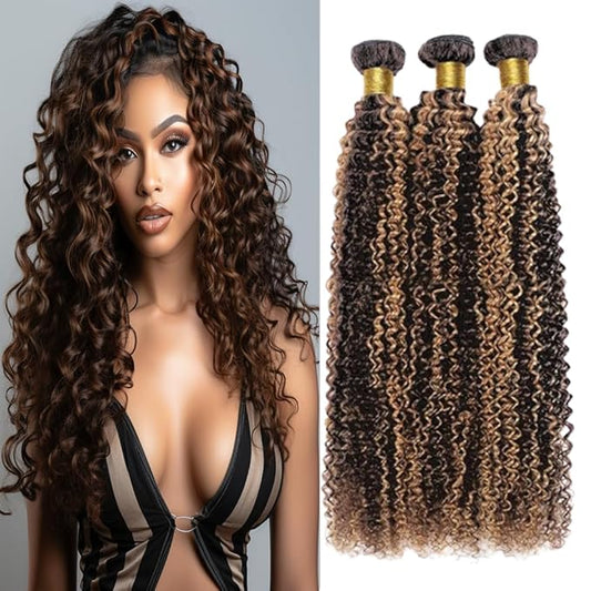 P1B30 Curly Hair Bundles Ombre Highlight Light Brown Curly Weave Bundles Black Mixed With Brown two tone Brazilian Human Hair Extensions Wet and Wavy for Black Women 10 12 14 Inch