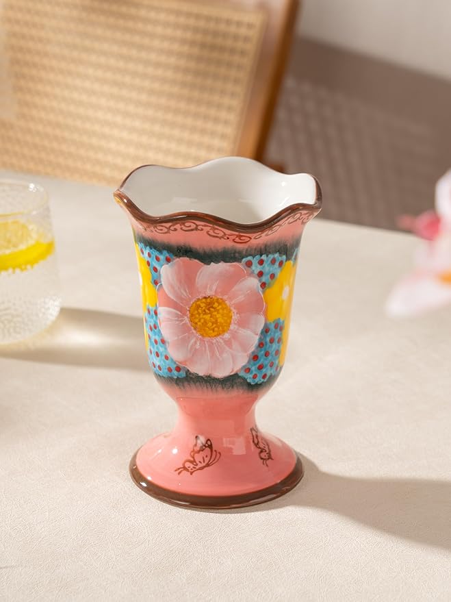 Handmade Home Desktop Storage Cups, Ceramic Hand-Painted Makeup Brush Holder Organizer, Pen Holder, Toothbrush and Toothpaste Holders, Small Plant Pots Indoor with Drainage, Glazed Pink