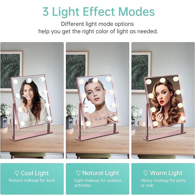 COSMIRROR Vanity Makeup Mirror with Lights, Hollywood Large Mirror with Lights, Lighted Vanity Mirror with 9 Dimmable Bulbs & 3 Color Modes,Touch Control Tabletop Makeup Mirror 360°Rotation