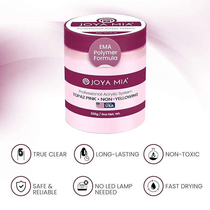 Joya Mia Acrylic Powder for Nails, MMA-Free, Super Adhesion Professional Powder for Flawless & Long-Lasting Nail Enhancements, Easy Application, Vibrant & Stunning Colors - Topaz Pink, 8 oz