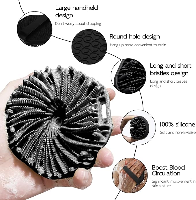 3 PCS Silicone Bath Brush Set,Back Scrubber & Body Brush & Face Brush Set, Super-Exfoliating & Lathering Body Scrubber, Shower Brush, Face Scrubber Combination for HomeBathroom Hotel Travel.(Black)
