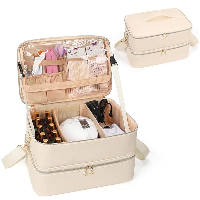 Ethereal Nail Polish Organizer Case, Leather Nail Polish Bag Holds 50+ Bottles (5ml/0.5fl.oz) and Nail Lamp, Nail Storage Organizer with Compartment, Leather White