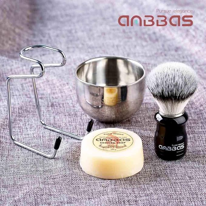 Anbbas Synthetic Badger Hair Shaving Brush,Stainless Steel Shaving Stand and Bowl,Goat Milk Shaving Soap 100g for Men Wet Shave Kit