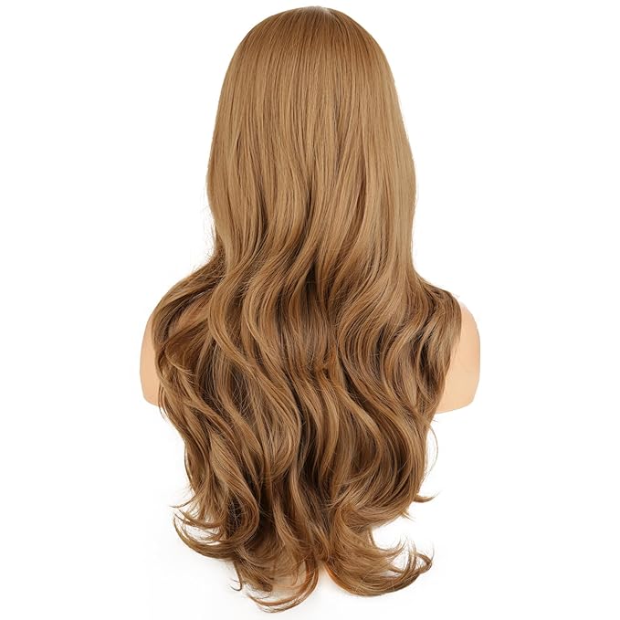 BERON Light Brown Long Wavy Wig for Women Girls Natural Curly Middle Part Heat Resistant Synthetic Hair Wigs for Cosplay Party Daily Use