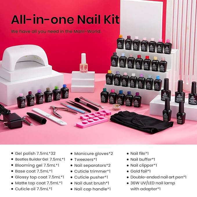Beetles Gel Nail Polish Kit with Uv Light 53 Pcs Christmas Gift for Women 32 Colors Red Blue Glitter Gel Polish Set Base Top Coat Cuticle Oil and Builder Blooming Gel