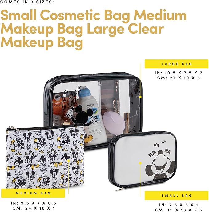 Mickey Mouse Cosmetic Case Set - Officially Licensed Mickey and Minnie Mouse Travel Cosmetic Case 3 Piece Set - Girls, Boys, Teens, Adults (Black Mickey)