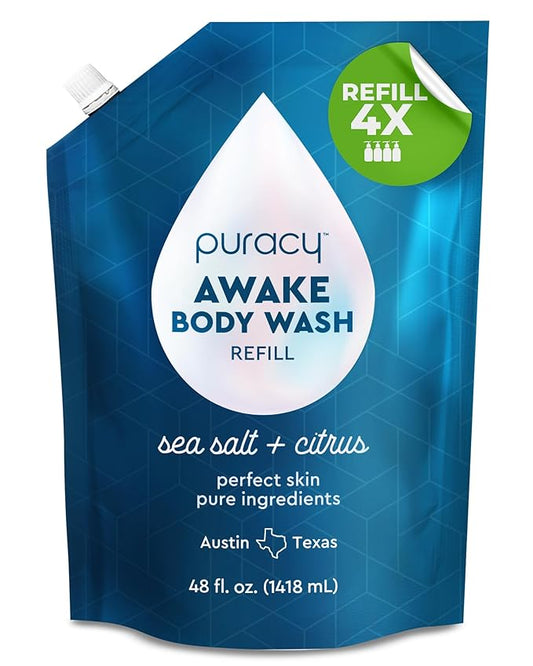 Puracy Body Wash Refill, Natural Body Wash, 98.6% Pure Plant Ingredients, Moisturizing Shower Gel for Women Men Kids, Body Soap for Dry Sensitive Skin Gently Scented with Citrus & Sea Salt, 48 Oz