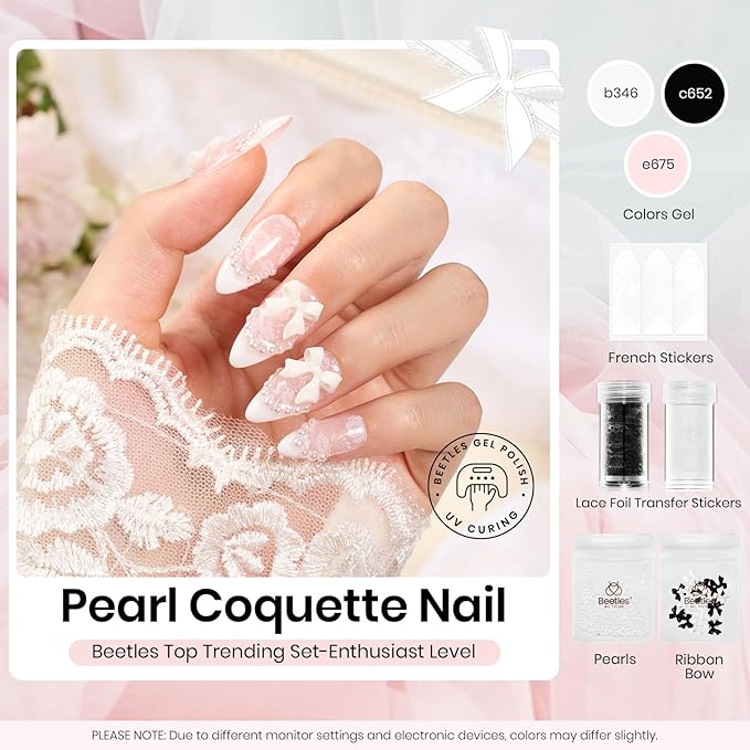 Beetles Christmas Gift Gel Nail Polish Set, Wedding Nail Lace Poem Beetles X DIY Nail Trend Kit with Bow Pearl Lace Transfer Stickers and Manicure Tools Gifts for Women
