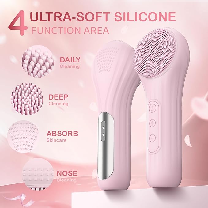 Electric Face Scrubber, Silicone Facial Cleansing Brush Rechargeable, Cleansing, Facial Scrub Exfoliator for Women Men, Waterproof Face Scrub Brush for Exfoliating, Pink