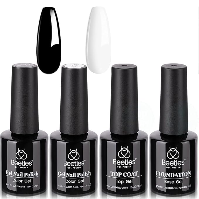Beetles Gel Nail Polish Set- 4Pcs White Black Gel Nail Polish with No Wipe Top&Base Coat Nail Polish Set Soak Off UV LED Lamp Manicure Salon DIY at Home Gifts for Her Women