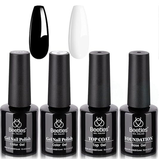 Beetles Gel Nail Polish Set- 4Pcs White Black Gel Nail Polish with No Wipe Top&Base Coat Nail Polish Set Soak Off UV LED Lamp Manicure Salon DIY at Home Gifts for Her Women