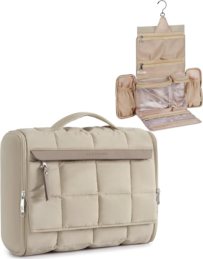 BAGSMART Travel Toiletry Bag, Extra Large Full-open Hanging Toiletry Bag for Women, Puffy Cosmetic Makeup Bag Organizer with Handle for Accessories, Essentials, Toiletries (Brown)