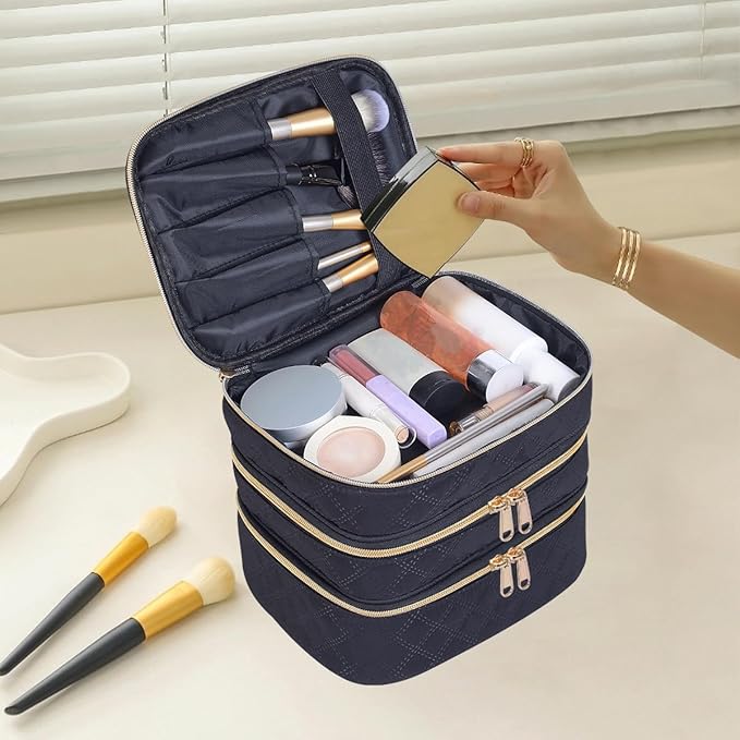 Large Makeup Bag 3 Layers with Handle Travel Makeup Bag Organizer Toiletry Accessories Bottles, Brushes, and Skin Care Products (Blakc)