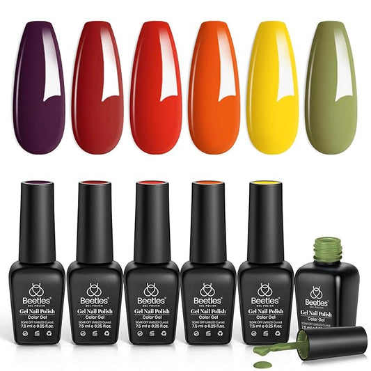 beetles 6 Colors Gel Polish Set, Burgundy Red Green Orange Gel Nail Polish Colors Sunset Leaves Nail Polish Soak Off Nail Art Lamp UV LED Cured Manicure Nail at Home Gifts for Women