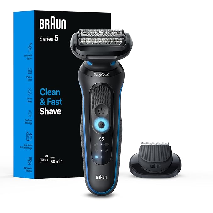 Braun Electric Shaver for Men, Series 5 5118s, Waterproof, Wet & Dry Shave, Turbo Shaving Mode, Foil Shaver with Precision Trimmer, Battery Powered, 50 Minute Battery Runtime