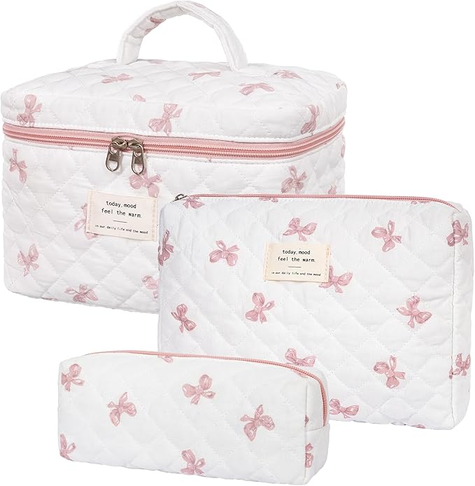 Quilted Makeup Bag,Large Cosmetics Bag Set,Coquette Floral Make up Pouch,Travel Toiletry Bag for Women
