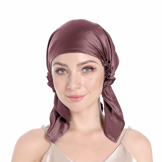 100% Silk Bonnet for Sleeping, Hair Bonnet with Tie Band, Large Silk Sleep Cap for Curly Hair, Silk Hair Wrap for Hair Care (Mauve)