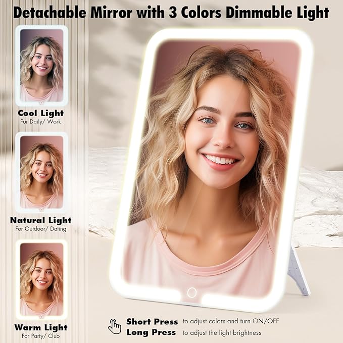 15''X11'' Large Makeup Bag with Removable Lighted Mirror, Professional Travel Makeup Train Case PU Leather Cosmetic Make up Organizer with Adjustable Dividers & Brush Storage Board