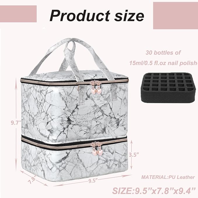 Nail Polish Organizer Case - Holds 30+ Bottles (15ml/0.5 fl.oz) and 1 Nail Lamp, Upgraded Double-layer Nail Polish Carrying Case Nail Storage Bag with Handles (WHITE)