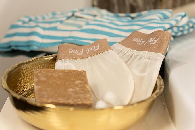 Feel Fine Turkish Exfoliating Mitt Set – 100% Raw Silk Hammam Kese Glove for Men & Women | Handcrafted Turkish Skin Peeling Scrubber Bath & Sauna Exfoliator (Feel Fine)