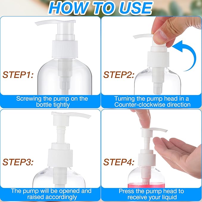 48 Pcs Pump Bottle Lotion Dispenser Refillable Shampoo Conditioner Hand Soap Dispenser Plastic Empty 8oz/250ml Clear Reusable Body Wash Container Bulk (Clear, White)