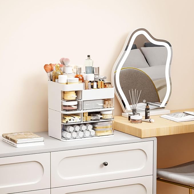 SuoXing Makeup Organizer for Vanity,Large 6 Drawers Make up Organizers for Counter,Plastic Cosmetic Storage Organizer for Dresser Countertop or Bathroom,Beauty Holder for Lipstick,Brush,Skincare,White