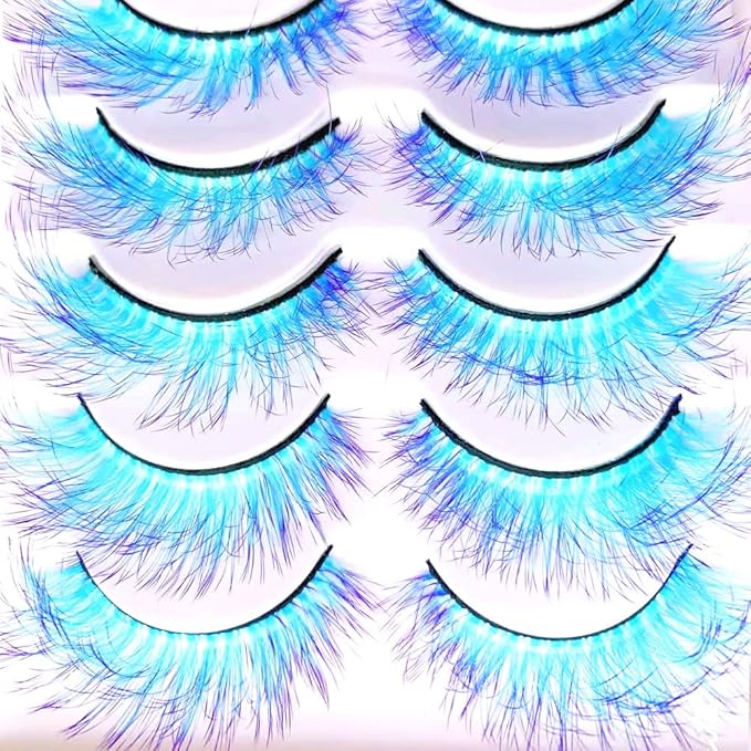 Sunniess Ombre Colored Lashes Silk Protein Fluffy Wispy Volume Fake Lashes for Halloweens Cosplay Party Stage Russian D Curl Lashes with Color Make up Faux Mink False Eyelashes 5 Pairs