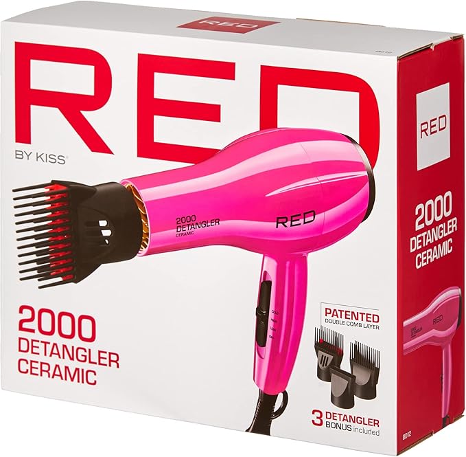 RED by KISS 2000 Ceramic Hair Dryer, Professional Salon Blow Dryer, 2 Detangler Pik Attachments, Tourmaline Technology, 3 Heat Settings, Easy Storage Loop (Pink)