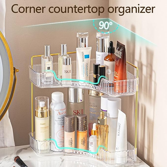 Corner Bathroom Counter Organizer – Classic Storage Shelf for Makeup, Perfume & Toiletries, Space-Saving Countertop Tray Fits Bathroom, Dresser, Kitchen (Clear, 2-Tier)