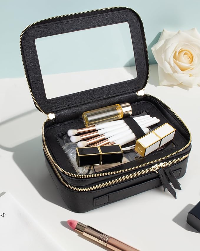 Clear Makeup Bags TSA Approved Toiletry Bag Handle Large Opening,Clear Toiletry Bags for Carry-on Traveling Travel Car Accessories Essentials Organziation Storage for Women Girls(Black, 2Layer)