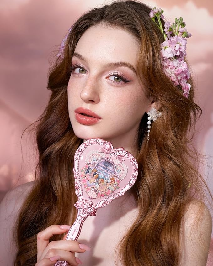 Flower Knows Strawberry Rococo Hand Mirror,Portable Vintage Handheld Mirror,Durable Metal Mirror,Cute & Aesthetic Princess Mirror,with Long Handle for Easy Holding,Gift for Girls(Milky Pink)