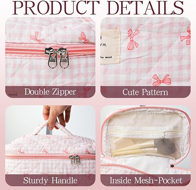 Makeup Bag, 3 PCS Quilted Makeup Bag, Cute Floral Cotton Cosmetic Bag set, Coquette Makeup Pouch Large Travel Toiletry Bag