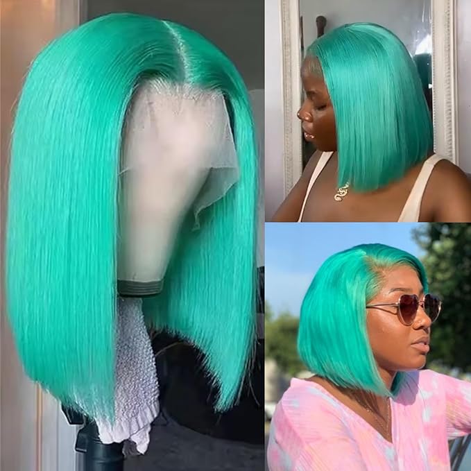 13x4 Glueless Lake Blue Bob Wig Human Hair Lace Front Wigs Pre Plucked Blunt Cut HD Transparent Teal Blue Colored Bob Lace Front Wig Human Hair 180% Density 8 Inch Short Bob Wigs for Black Women