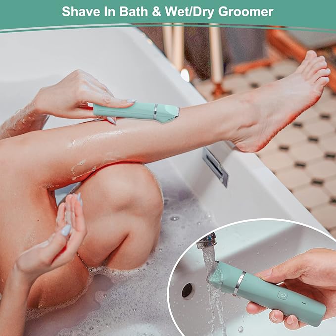 Bikini Trimmer for Women, Electric Razors for Women, IPX7 Waterproof&Easy Cleaning, Ceramic Blade,Rechargeable Pubic Hair Trimmer Womens,Green