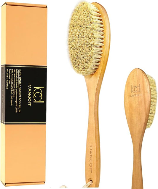 Very Stiff Dry Brushing Body Brush for Men&Women, Long Handle Dry Skin Brush for Cellulite and Lymphatic Drainage with Natural Agave Cactus Tampico Fiber Bristles
