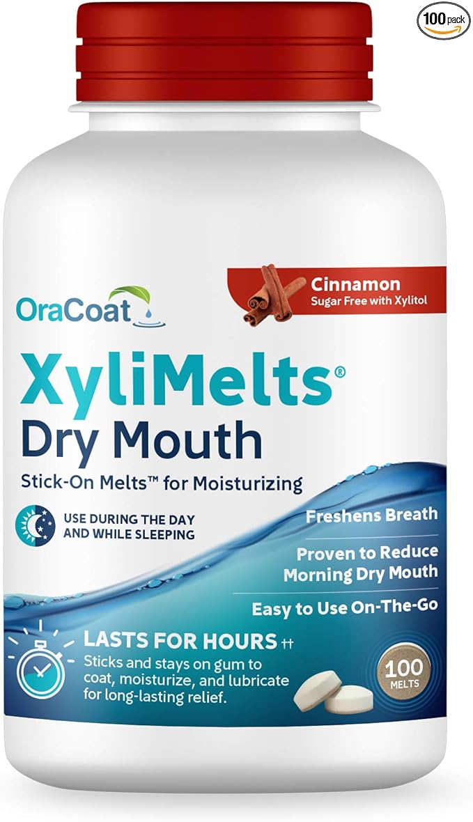 Oracoat XyliMelts for Dry Mouth Night Time or Day - Moisturizing Dry Mouth Adhering Discs, Sugar Free with Xylitol, 100 Count, Cinnamon, 8-Hour Relief
